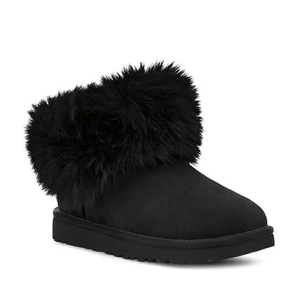 UGG Mini Fluff Black Ankle Boots with Fur Trim